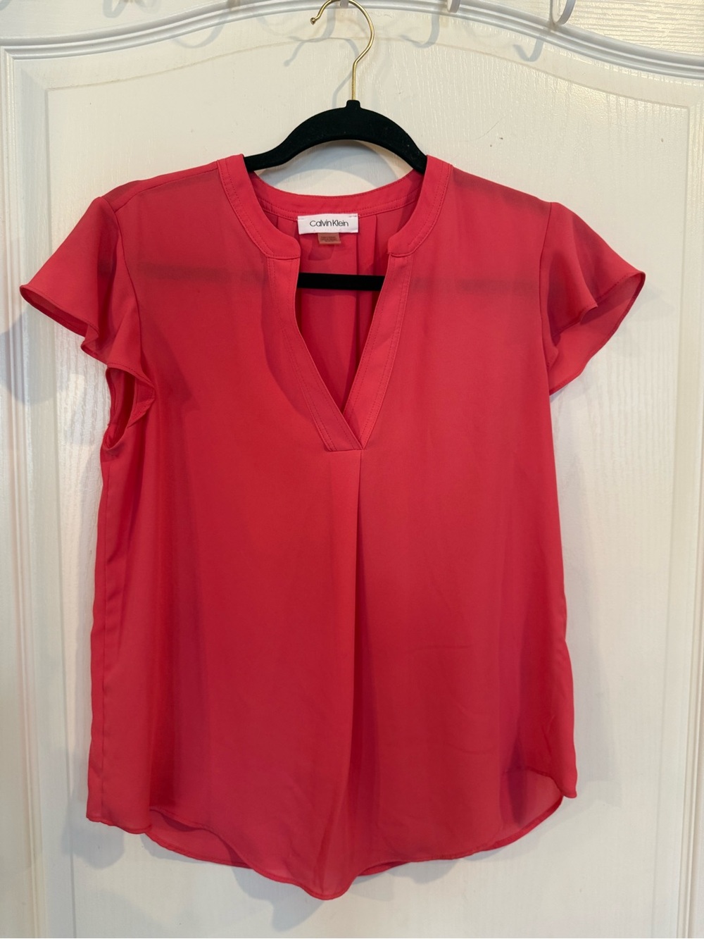 Calvin Klein pink crepe V-neck pleated short cap sleeve blouse office work small